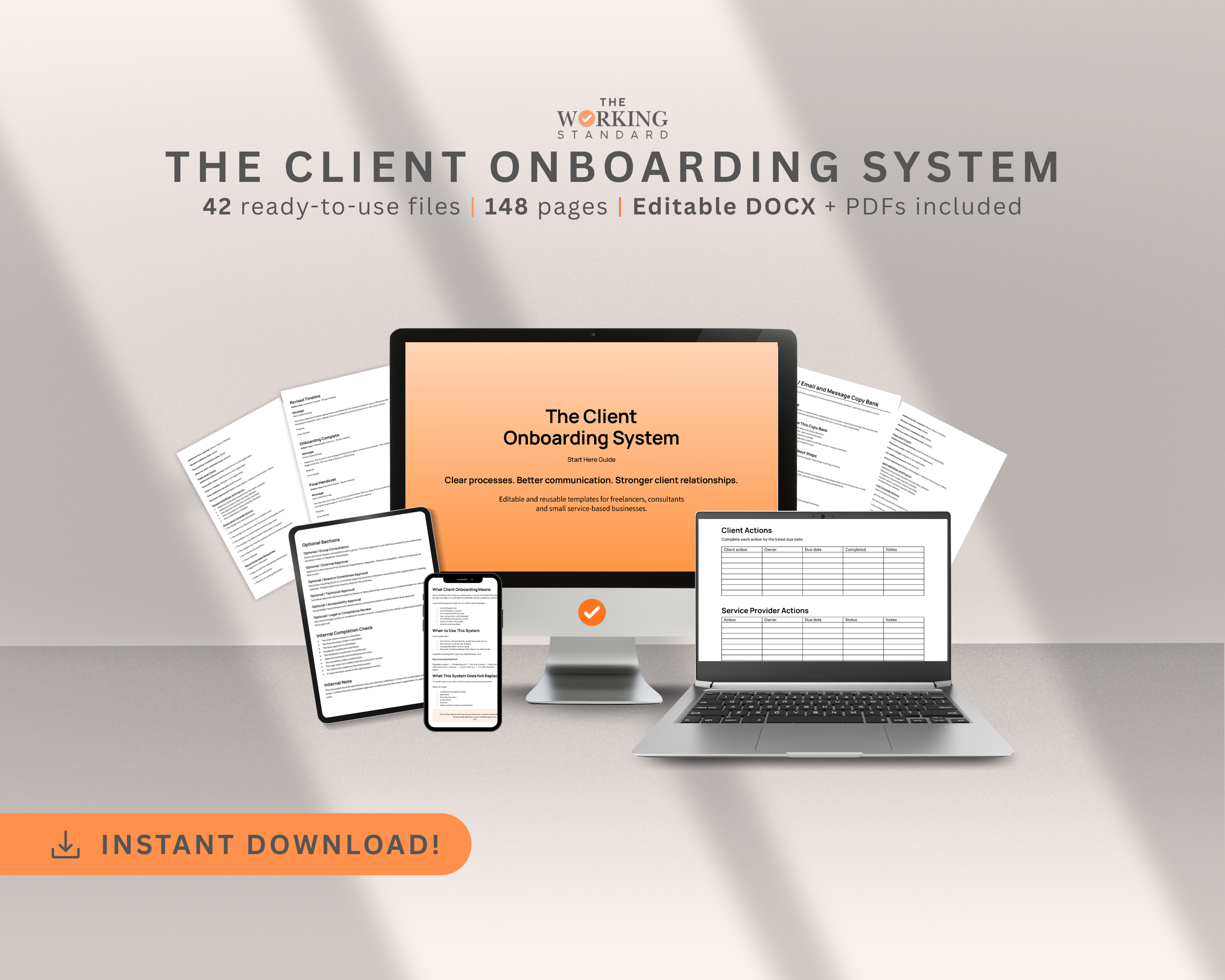 The Client Onboarding System displayed across desktop, laptop, tablet and mobile devices with editable Word and PDF documents.